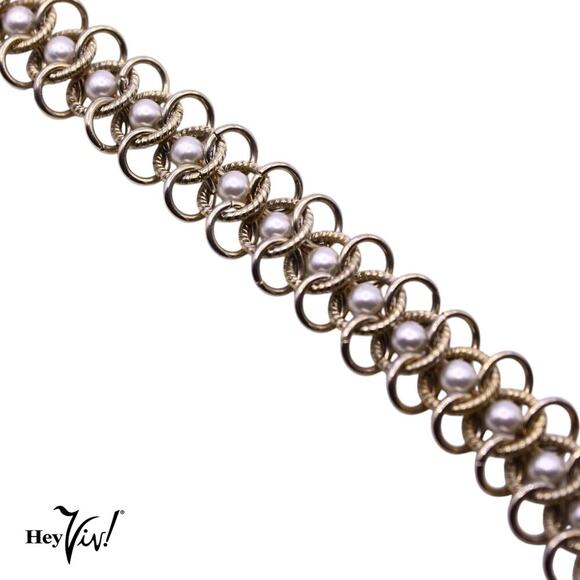 Vintage Chain Bracelet Interwoven w Pearl Beads Elegant Style 7" Long - Hey Viv - Picture 2 of 5
